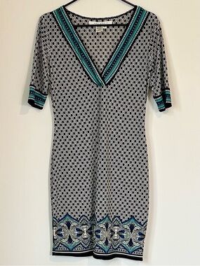 Max Studio Black, White and Teal Geo-Print Dress - Size: Small